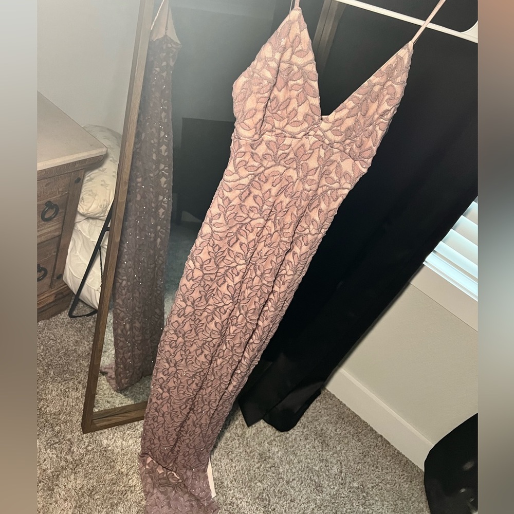 Sparkly gown light lavender color with lace spaghetti strap zip back